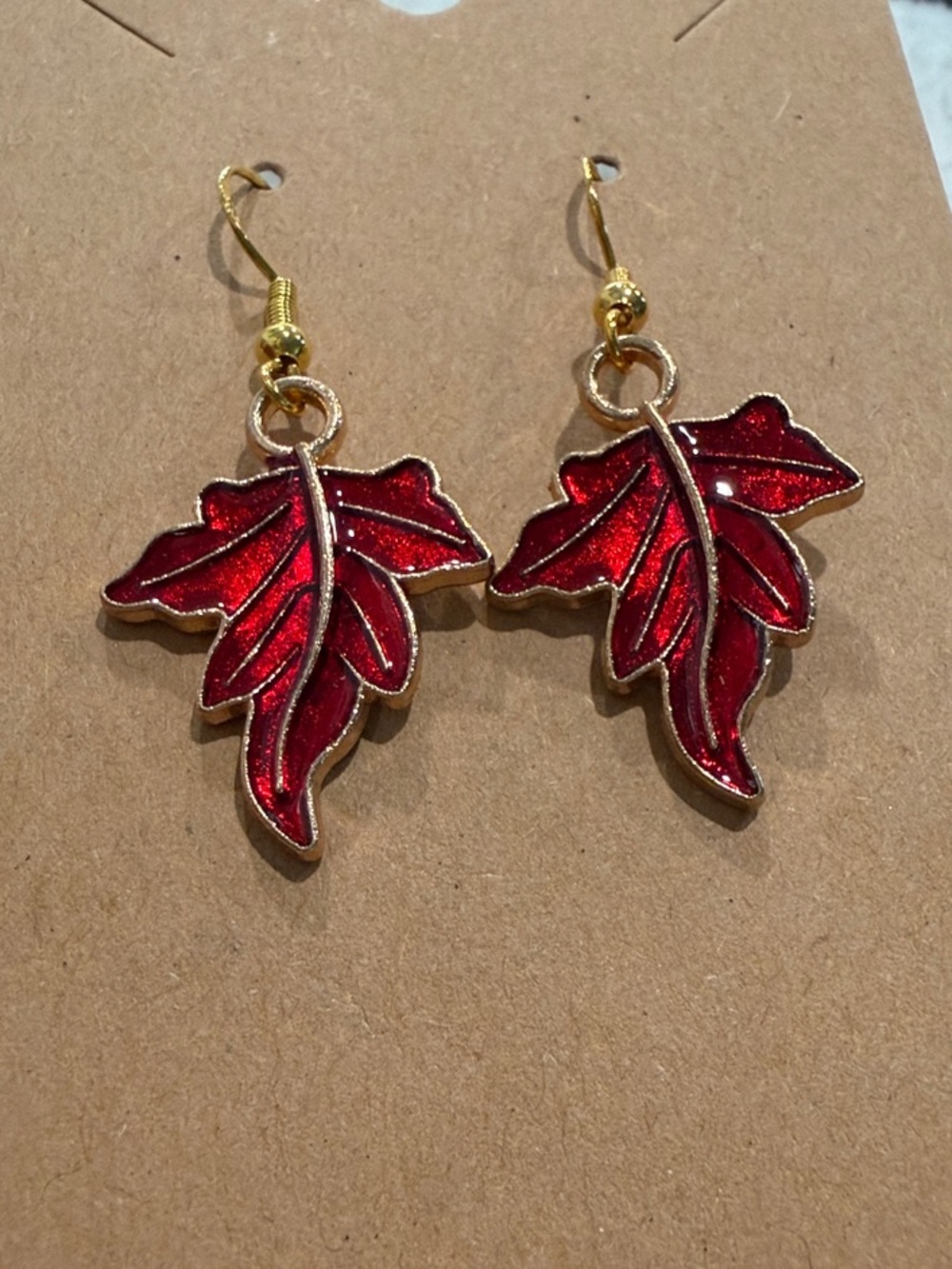Metallic Red Leaf Dangle Earrings with Gold Hooks - Women's Jewelry
